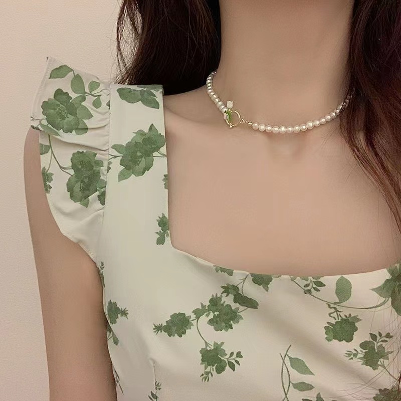 IFYOU Kalung Rantai Choker Liontin Bunga Tulip Hias Mutiara Gaya Vintage Untuk Wanita