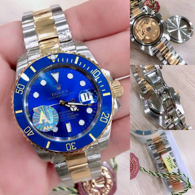 Jam Tangan Rolex Submarine Cowok Pria Automatic Otomatis Combi Rosegold Biru