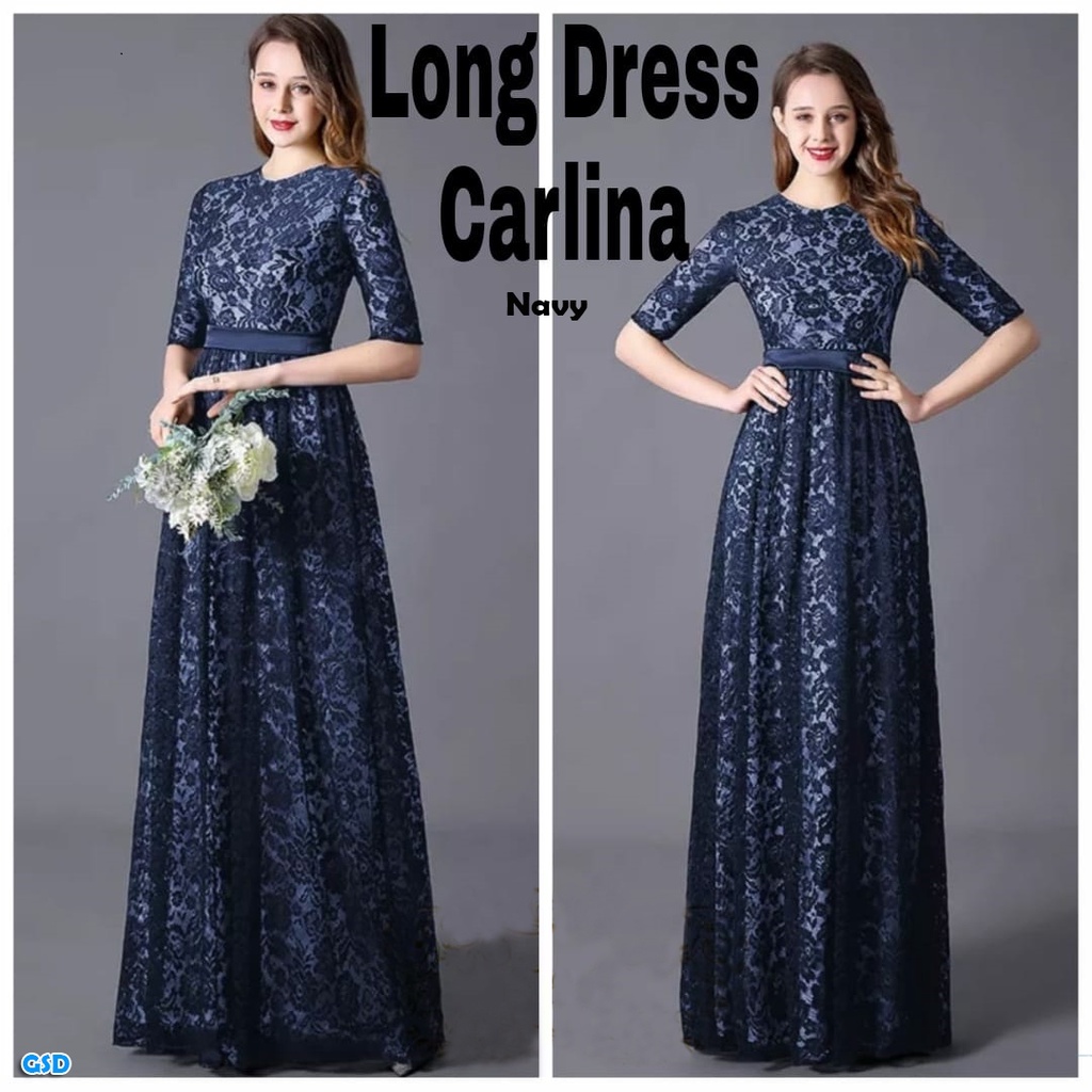 Carlina/Long Dress Gaun Pesta Wanita Casual Motif Brukat Elegant Ada belt Size L