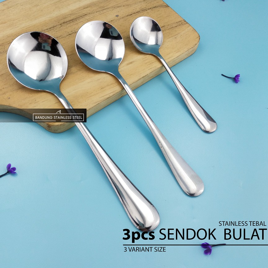 3pcs Sendok Bulat Stainless Tebal Sup Soup Spoon Es Krim Dessert Finishing Halus Hotel Standar