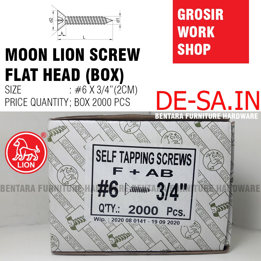 (GROSIR) #6 x 20 #6 X 19 MM Moon Lion Box 2000 PCS Skrup Tapping Screw (Sekrup Lion #6 X 3/4&quot;) (WORKSHOP)