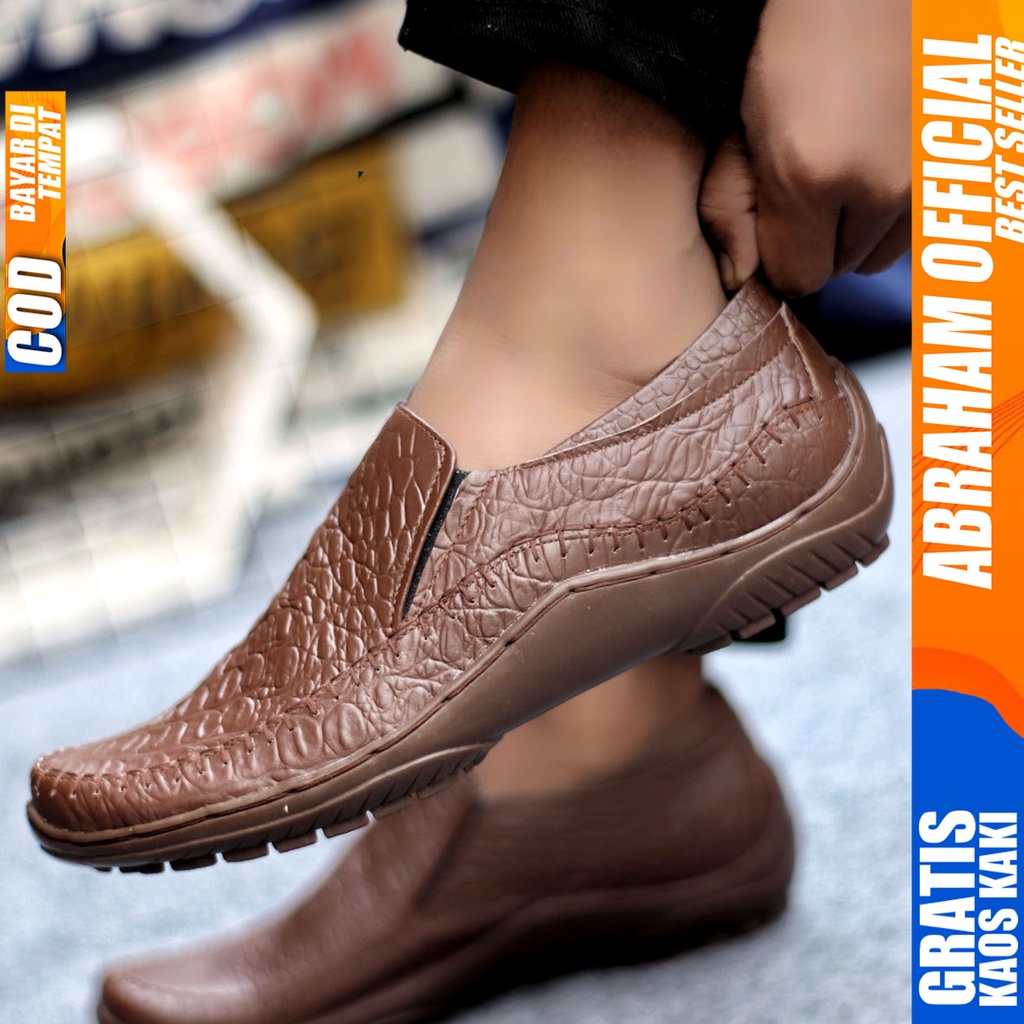 Sepatu Casual Pria Formal Slip On Pantofel Kulit Asli Kerja Kantor Kondangan Kuliah Hitam Fashion Shoes Terbaru Murah Kekinian Original CROCO ABRAHAM