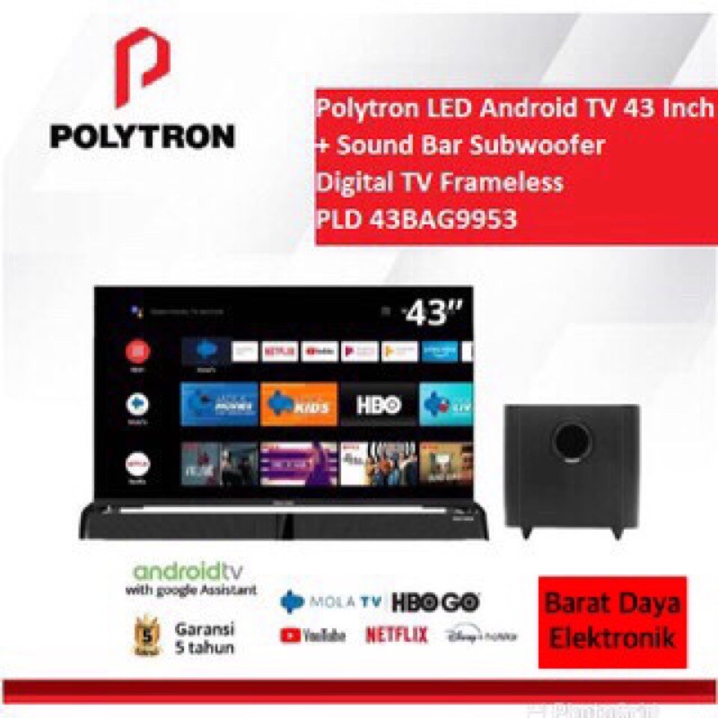 Polytron LED Smart Android TV 43&quot; + Sound Bar Digital PLD 43BAG9953