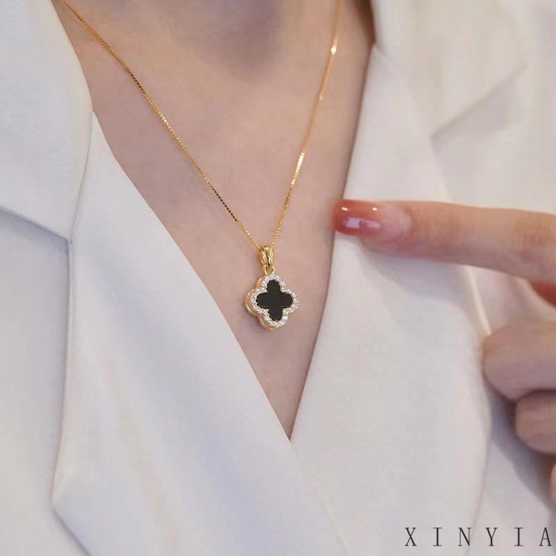 18K Kalung Titanium Anti Karat Rantai Kalung Rantai Liontin Daun Clover Hias Zircon Aksesoris Wanita