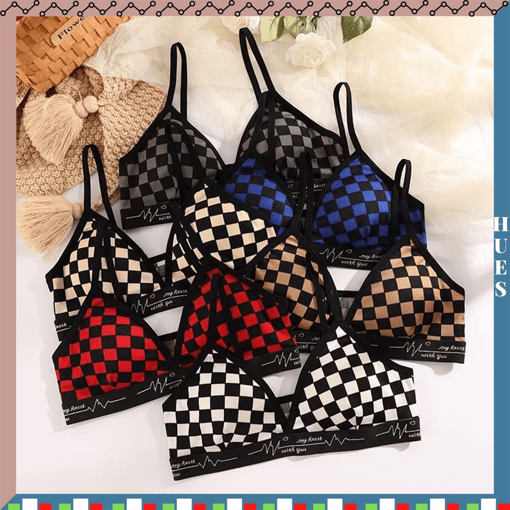 HUES.ID Bra Wanita Tanpa Kawat Bahan Halus BH Pakaian Dalam Bra Push Up Motif Catur 1086