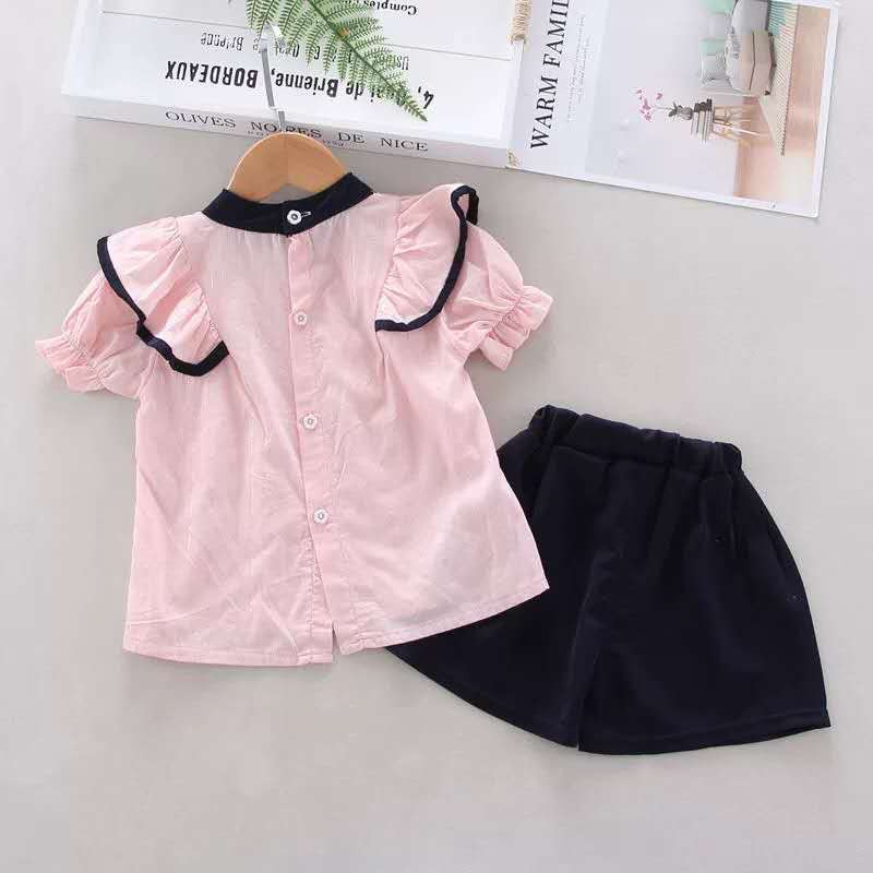 KF Cat Baju setelan anak perempuan korea style polos kemeja+celana pendek set leher bulat kancing belakang-5