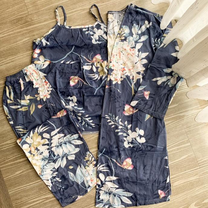 PIYAMA SEXY KIMONO SPANDEX BAJU TIDUR SET CELANA PANJANG MOTIF BLUE