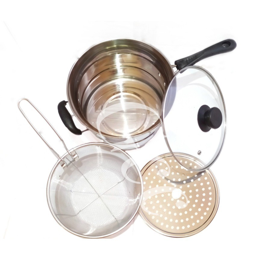 Panci Multifungsi Stock Pot Stainless Steel 3in1 Goreng Kukus Dan Rebus Ukuran 22Cm