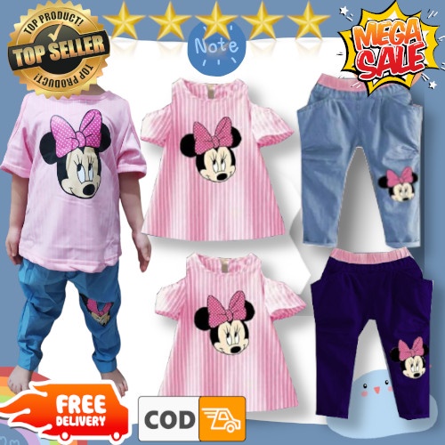 Vision Online-one set stripy minnie pinky anak perempuan// baju dan celana denim anak cewek 1-4 thn