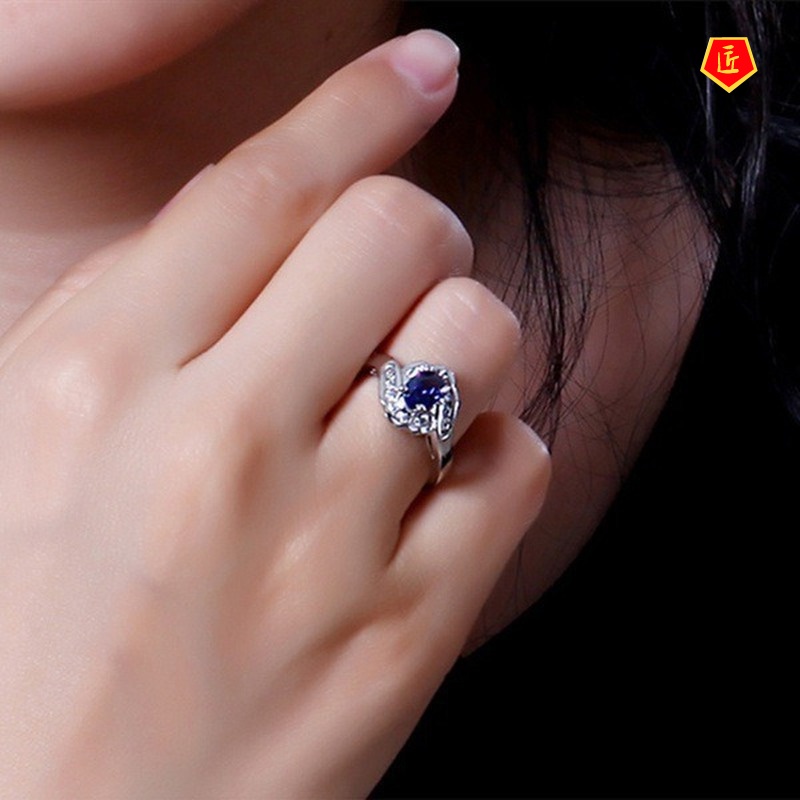 [Ready Stock]Dark Blue Gem Micro Inlaid with Diamond Ring 925 Silver Elegant Personality