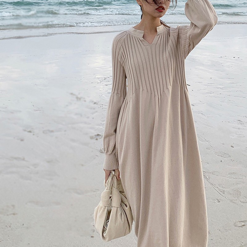 MURAH Retro french girl  chic knitting v-neck long sleeve basic dress mori girl