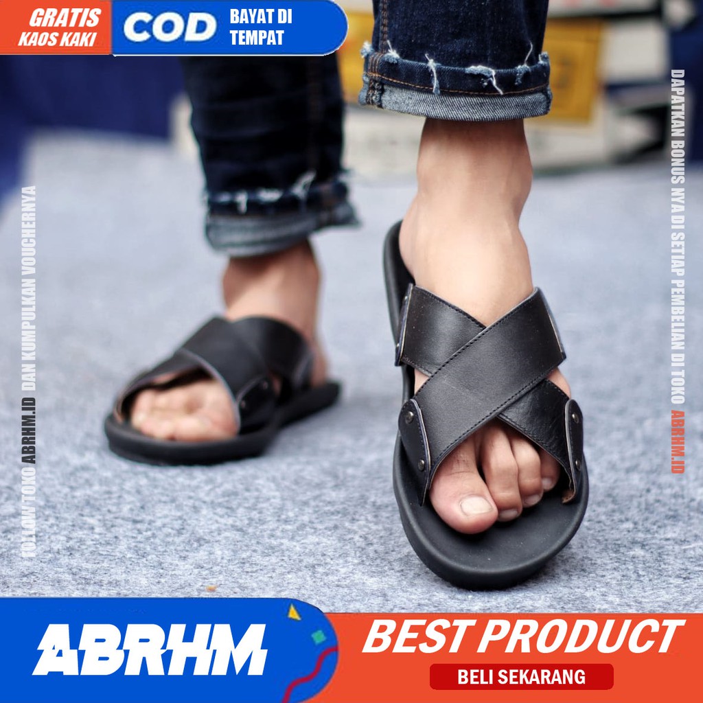 ABRHM x XMIN Sandal Slide Pria Sandal Slop Pria Kulit Asli Sendal Selop Cowok / Cowo Ori Kekinian