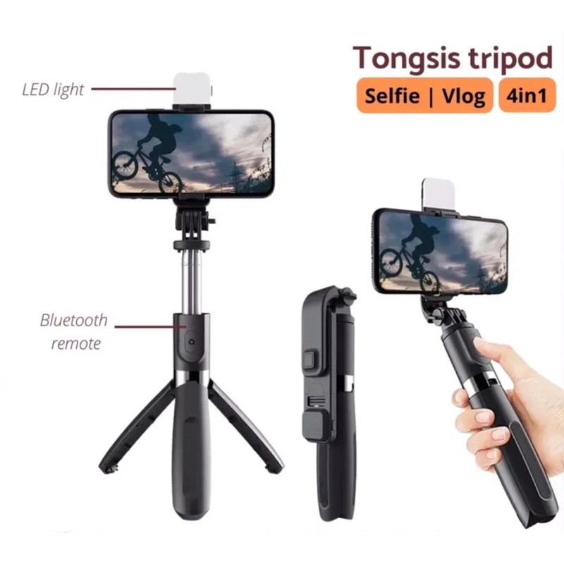 Tongsis Tripod Bluetooth Selfie Vlog LED Light 4 in 1