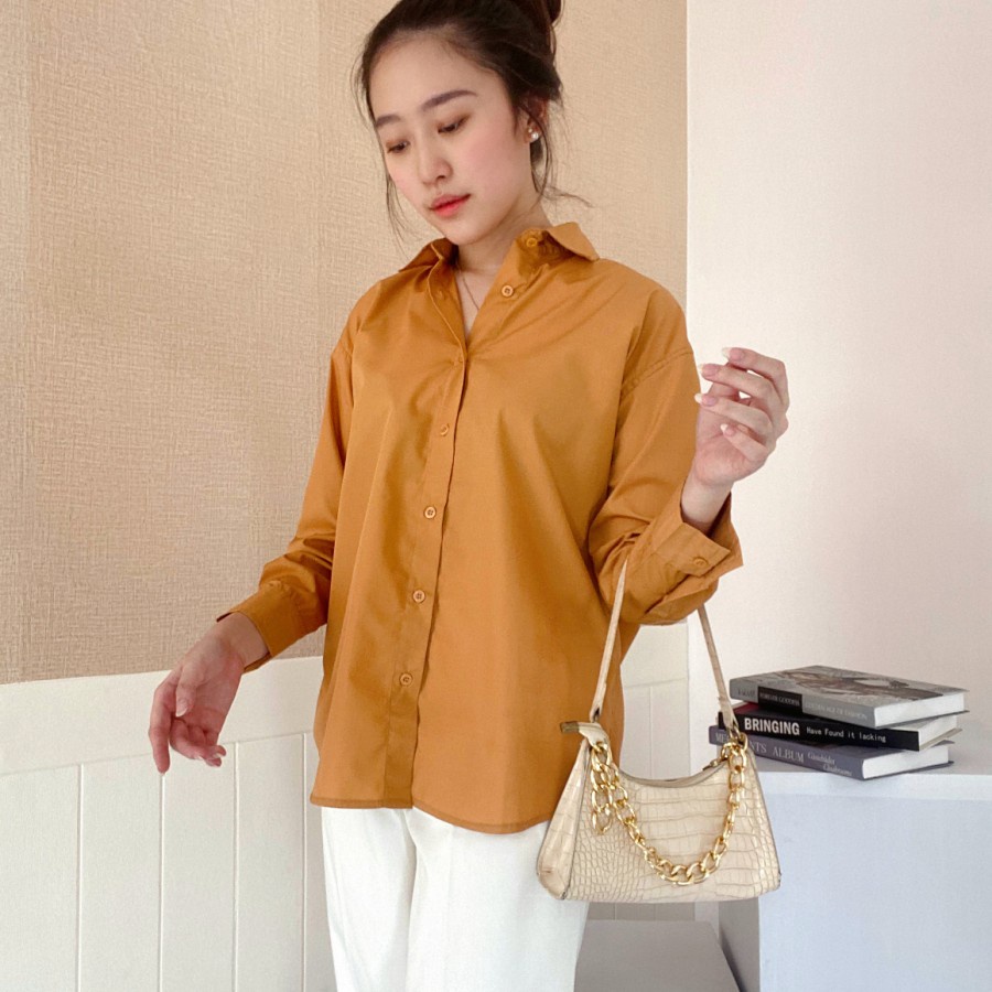 MIA Shirt Kemeja Oversize Korea Premium Kemeja Katun Wanita Lengan Panjang Polos - Big Plaza