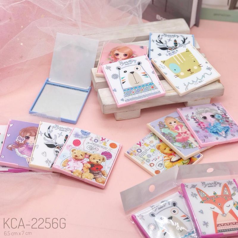 CERMIN LIPAT PORTABLE KOTAK//CERMIN SAKU KOREA PORTABLE MINI MOTIF ANIMASI 3D LUCU