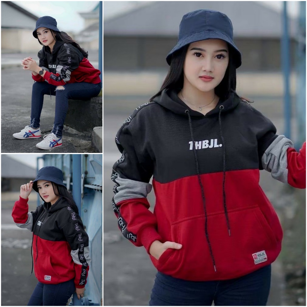 Hoodie Wanita Oversize Tebal Murah Sweater 3D Original Distro Bandung Size M L XL The Bojiel-HITAM - MERAH