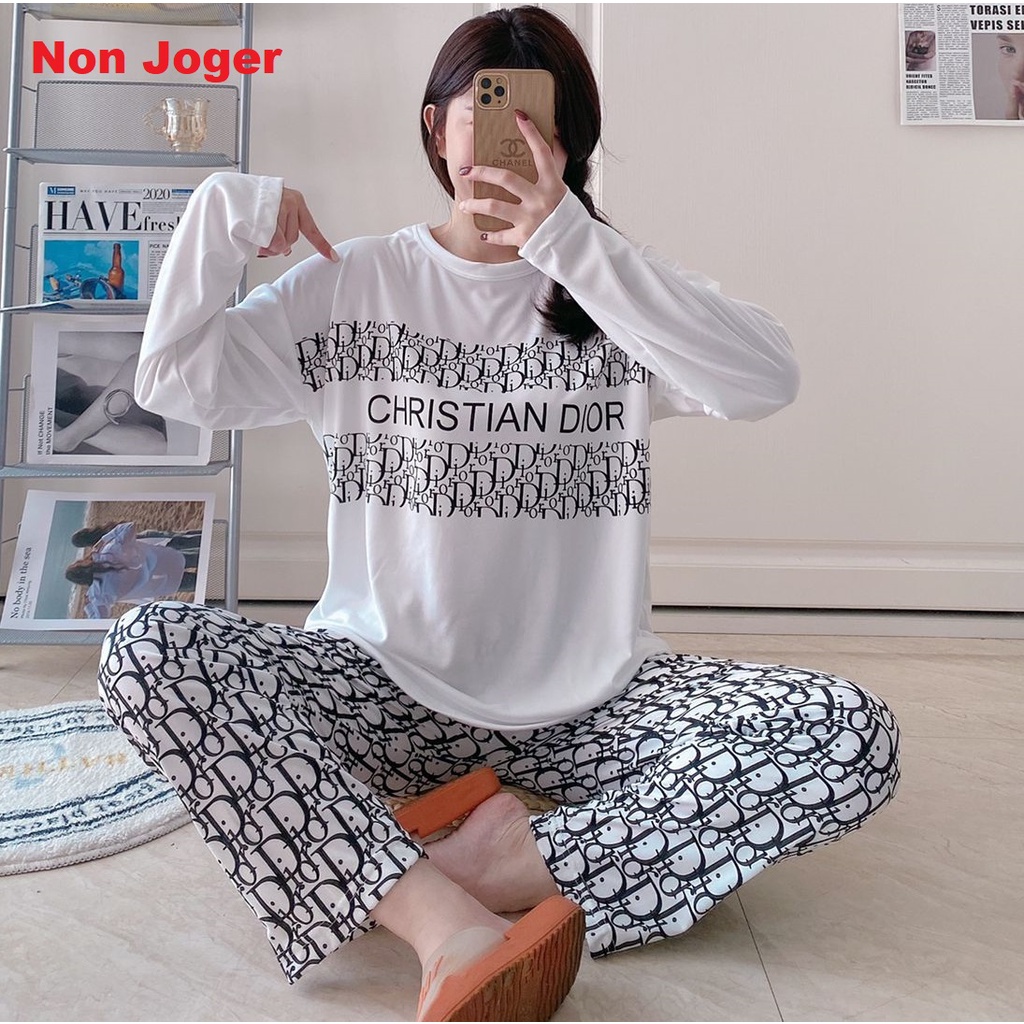 AJW Shop Setelan Wanita Import Joger | Setelan Baju Tidur Wanita | Piyama Wanita-D White