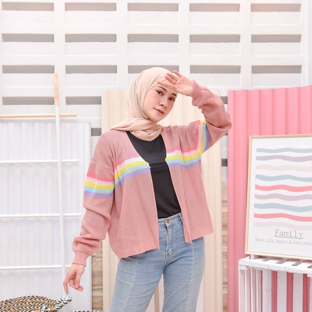 Kardigan Loocy Oversize - Pakaian Wanita - Bahan Rajut - Allsize-RAINBOW CARIDE DUSTY