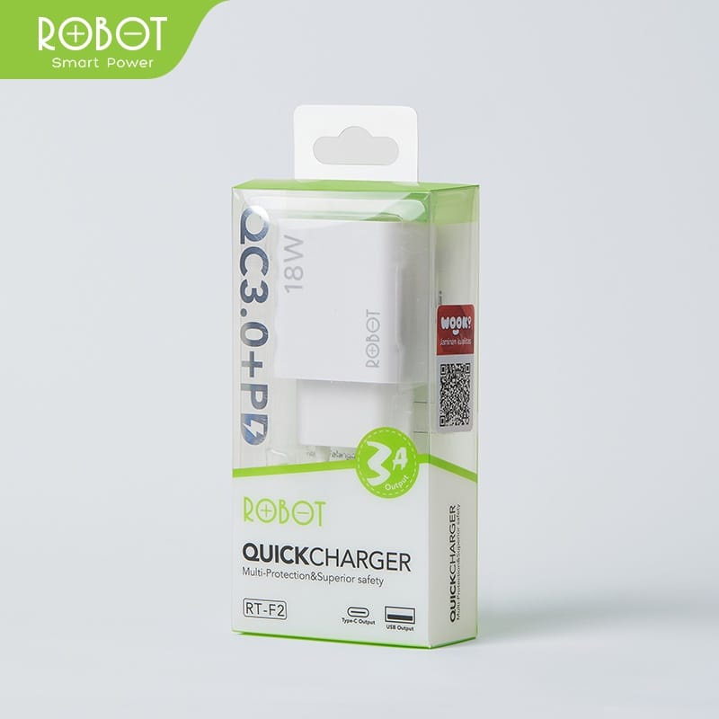 A_   Robot Adaptor Charger RT-F2 Batok Charger 18W Dual Port USB-A dan USB-C Quick Charging Garansi Original Resmi