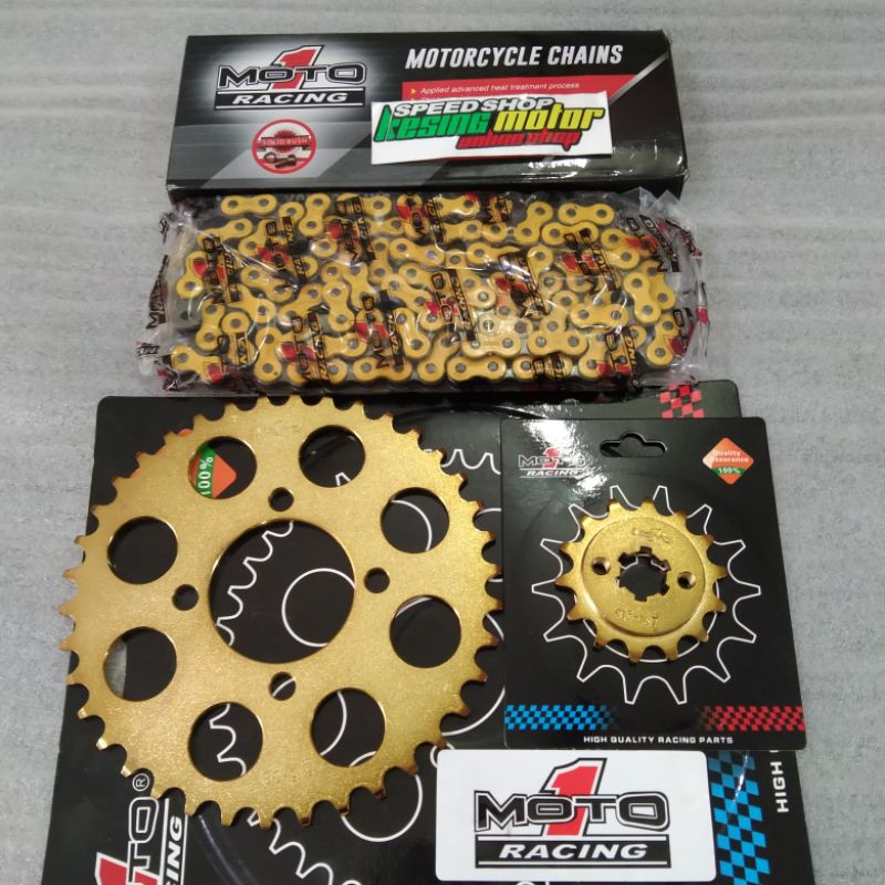 PAKET GIR SET GEAR MOTO 1 RACING SATRIA F150 FU OLD & RAIDER RANTAI KUNING 415 -126L GIR DEPAN GOLD 