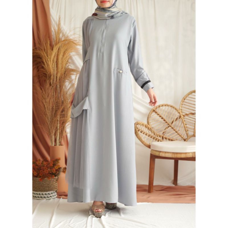 Gamis Kondangan Harian Cantik Wudu Busui Friendly Polos Brukat Warna Abu abu Silver Lengan Kancing