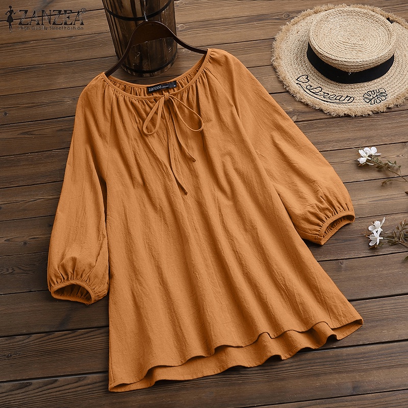 ZANZEA Women Casual Vintage 3/4 Puff Sleeve Solid Color Blouse