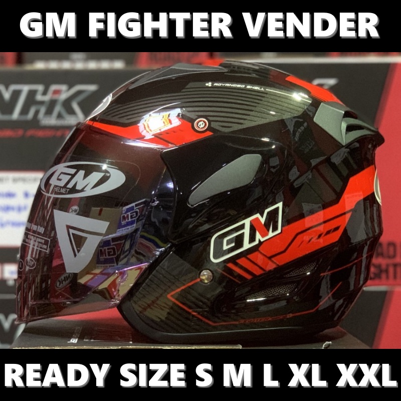 Helm GM Fighter Vender Black Red Glossy Half Face Single Visor - Helem Motor SNI DOT Touring Dewasa 