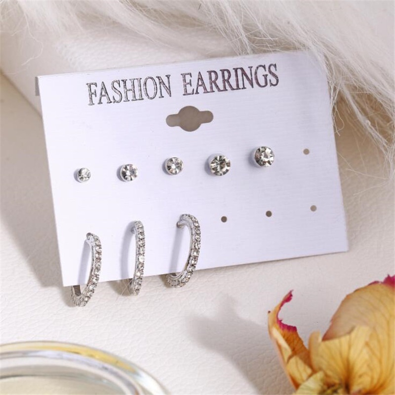 [ACKER] 8Pcs/set Berlian Imitasi Kombinasi Ear Stud Hoop Earrings Set Aksesoris Perhiasan Fashion Perhiasan Korea Kecil Anting-Anting Pabrik