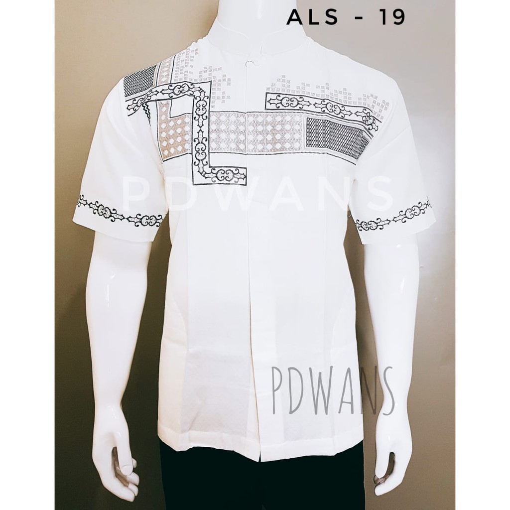 Baju Koko Muslim Lengan Pendek Putih Bordir M L XL PDWANS - ALS19