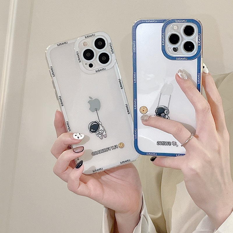 Soft Case Pelindung Lensa Transparan Motif Kartun Astronot Untuk iPhone 11 12 13 Pro Max X XR XSMAX 7 8 Plus