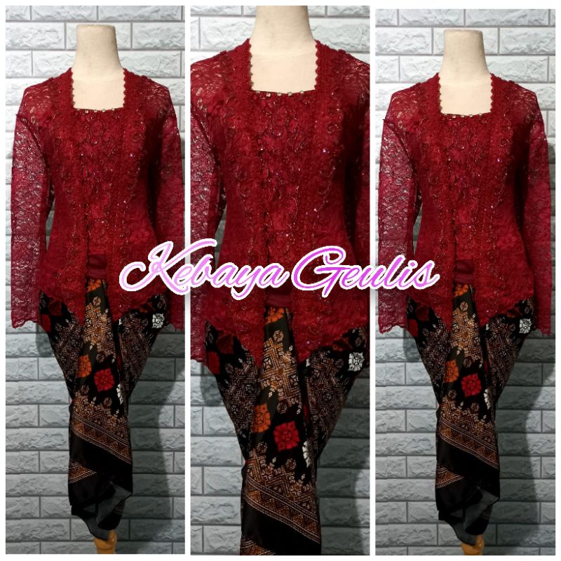 set kebaya modern kebaya pesta kebaya cantik warna maroon+rok lilit