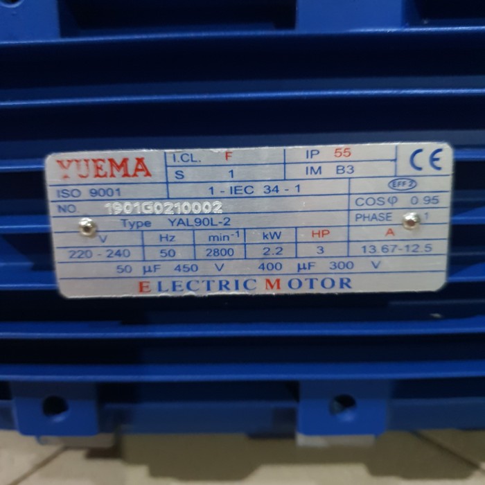 dinamo pengerak electro motor yuema 3hp/2pole/1phase/b3