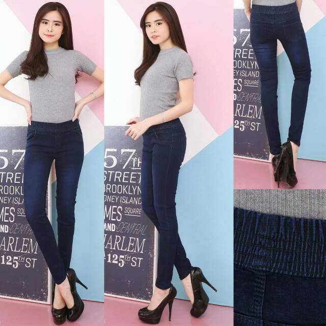 Celana Legging Pinggang Karet Wanita / Celana Legging Jeans Stretch Pinggang Karet Wanita