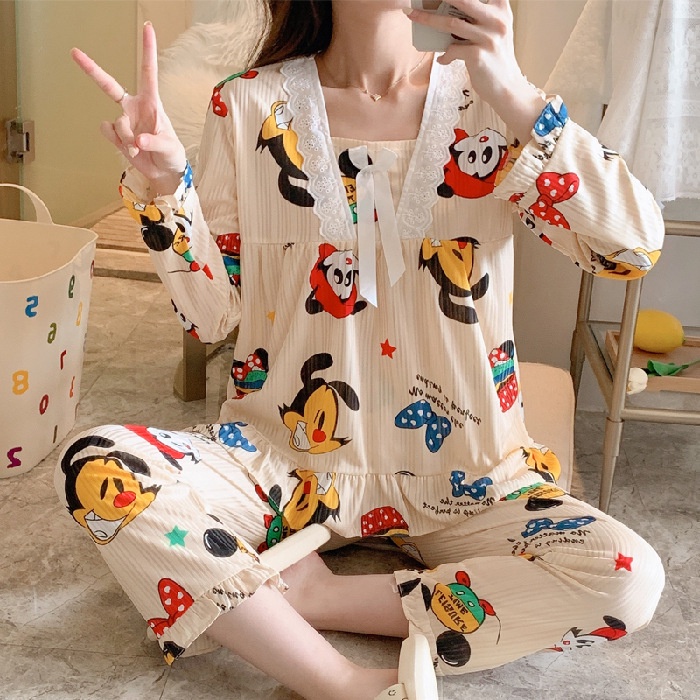 Baju Tidur / Piyama Import Wanita Motif Celana Panjang Lengan Pendek Stelan Sleepwear 3in1 Jumbo-RENDA-Bee Kuning