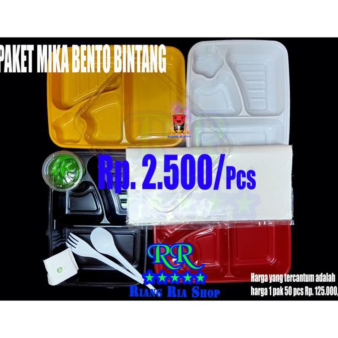PAKET MIKA BENTO + SENDOK GARPU + KERTAS NASI + CUP PUDING KOTAK MAKAN - Hitam
