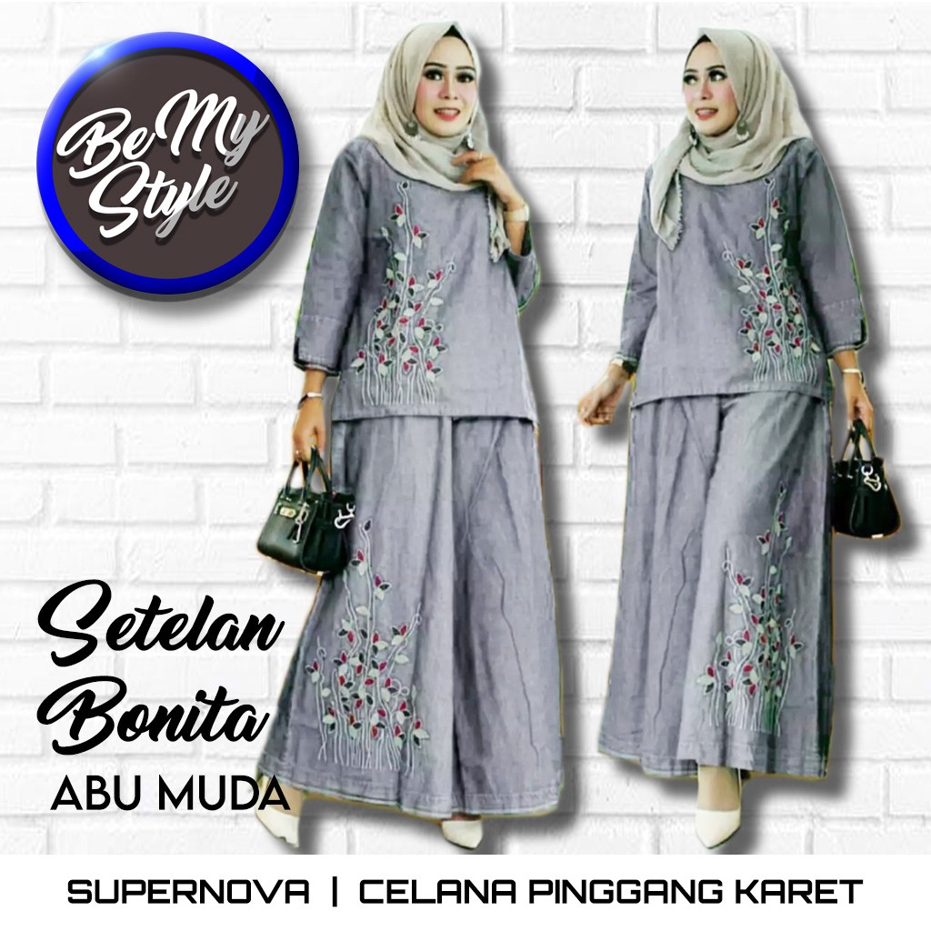 BMS | Setelan BONITA | Baju & Celana Muslim Gamis Jumbo Wanita Fashion Hijab Modern Model Terbaru