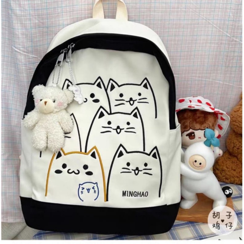 samasuka.shop - Tas Wanita Motif Kucing Lucu Funny Cat Ransel Gendong Cewek Tas Punggung