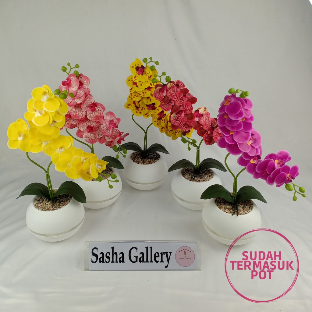 ANGGREK LATEX ARTIFICIAL 2 CABANG POT BOLA VIENNA BUNGA ANGGREK  PLASTIK DEKORASI