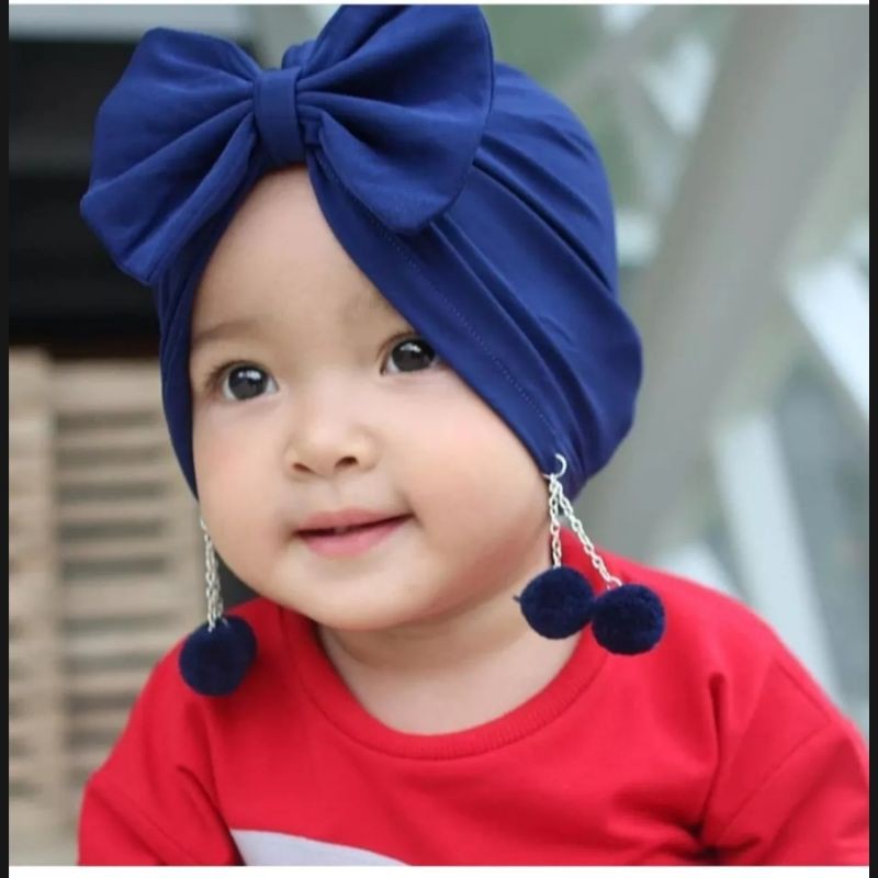 turban Duo  Double Pom Pom anak bayi perempuan Usia 0 - 3 Tahun | ciput baby new born 6 - 2 thn | bandana Baby Girl newborn import Premium lucu 1 - 5 Bulan