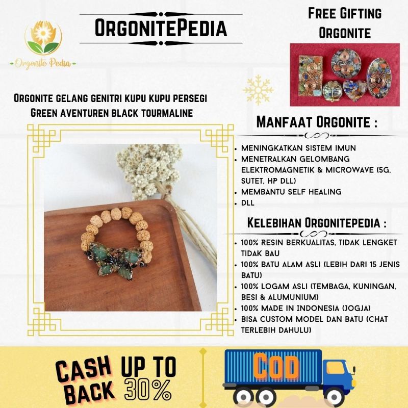 Gelang Kesehatan Orgonite Kupu-kupu Green Aventurine Black Tourmaline Genitri Emf Protection