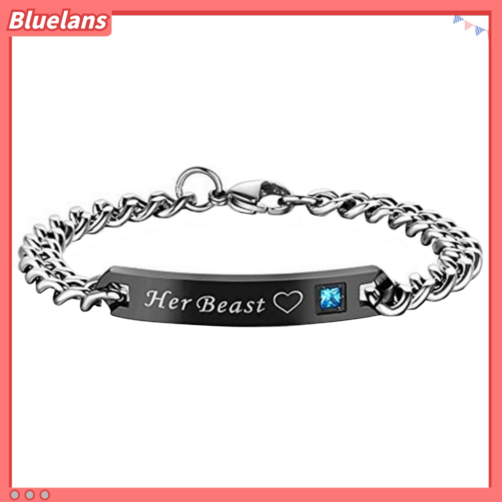 Gelang Pasangan Bahan Titanium Steel Motif Tulisan Her Beast King His Beauty Queen