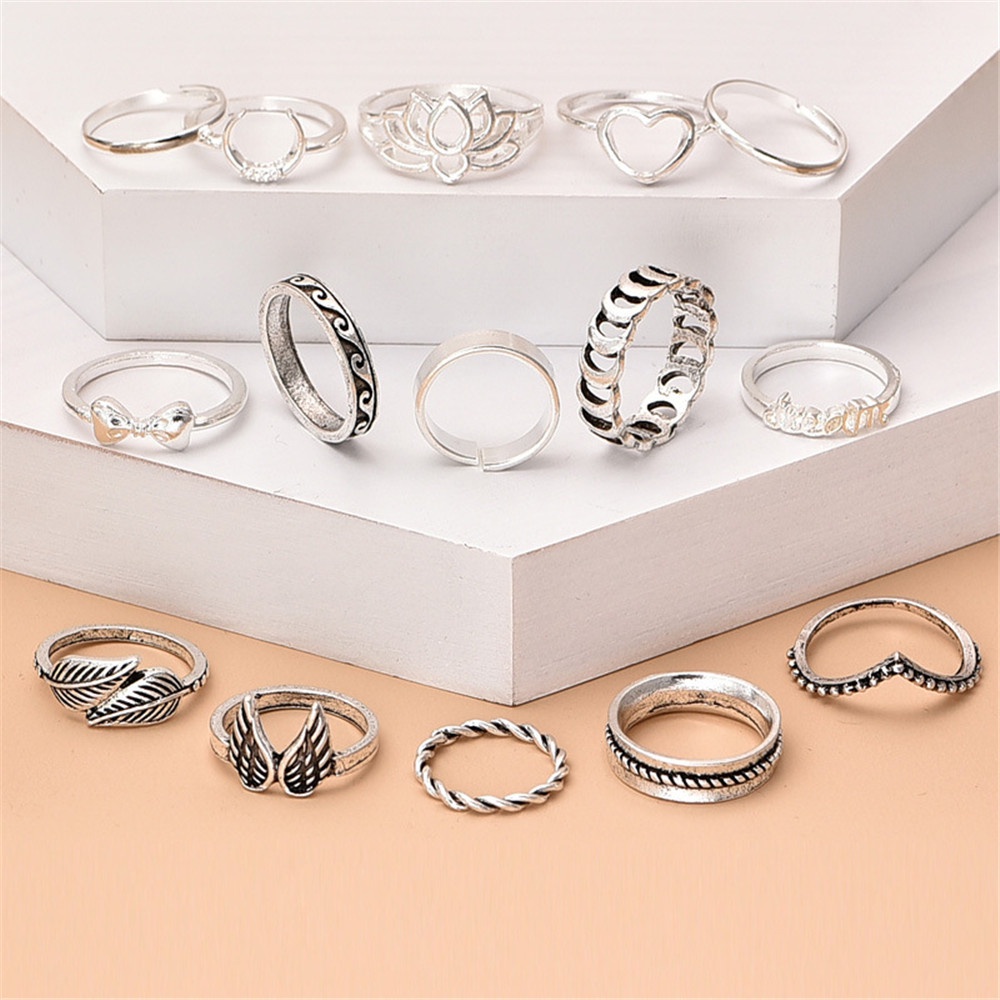 【COD Tangding】15pcs/set Bohemian Style Vintage Silver Bow Lotus Wing Leaf Feather Heart Combination Ring Fashion Accessories Jewelry