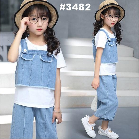 STELAN ANAK ATASAN PUTIH ROMPI DENIM + KULOT DENIM (RSBY-3482)