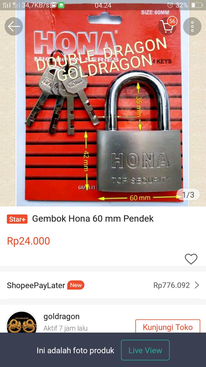 Gembok Hona 50 Mm Pendek