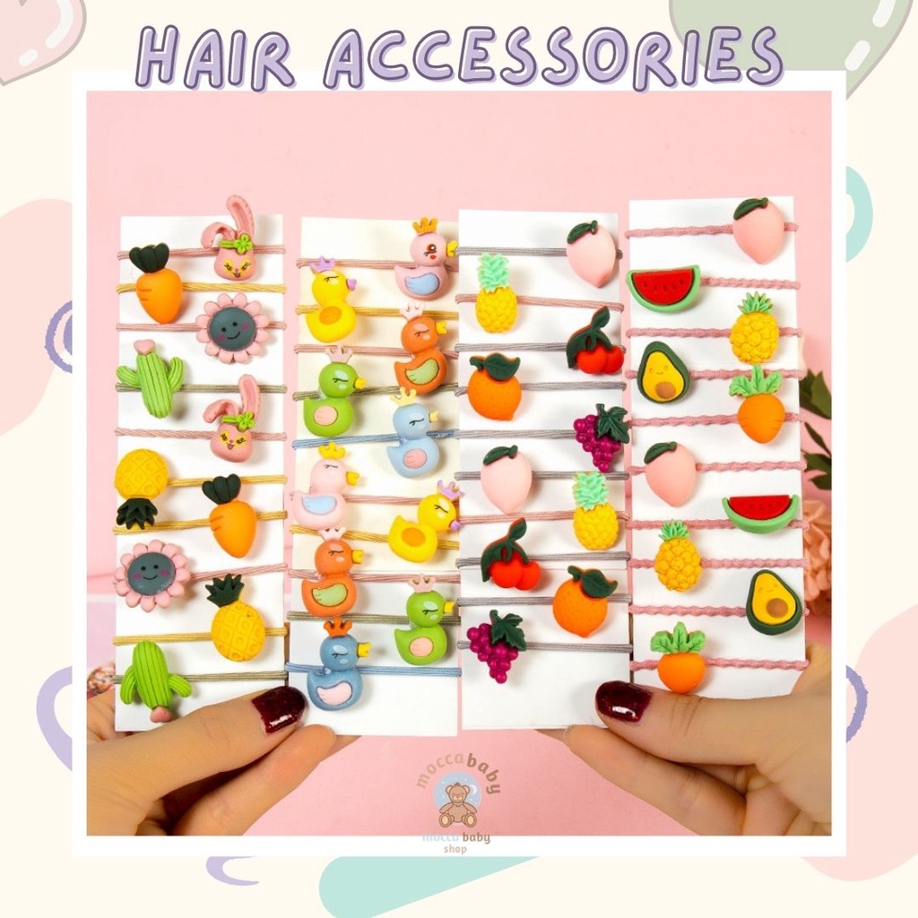 MBSS -  IKAT ORENJI 10PCS / Set Ikatan Rambut Anak Icon Karakter Import / Ikat Rambut Anak Karet Motif Karakter