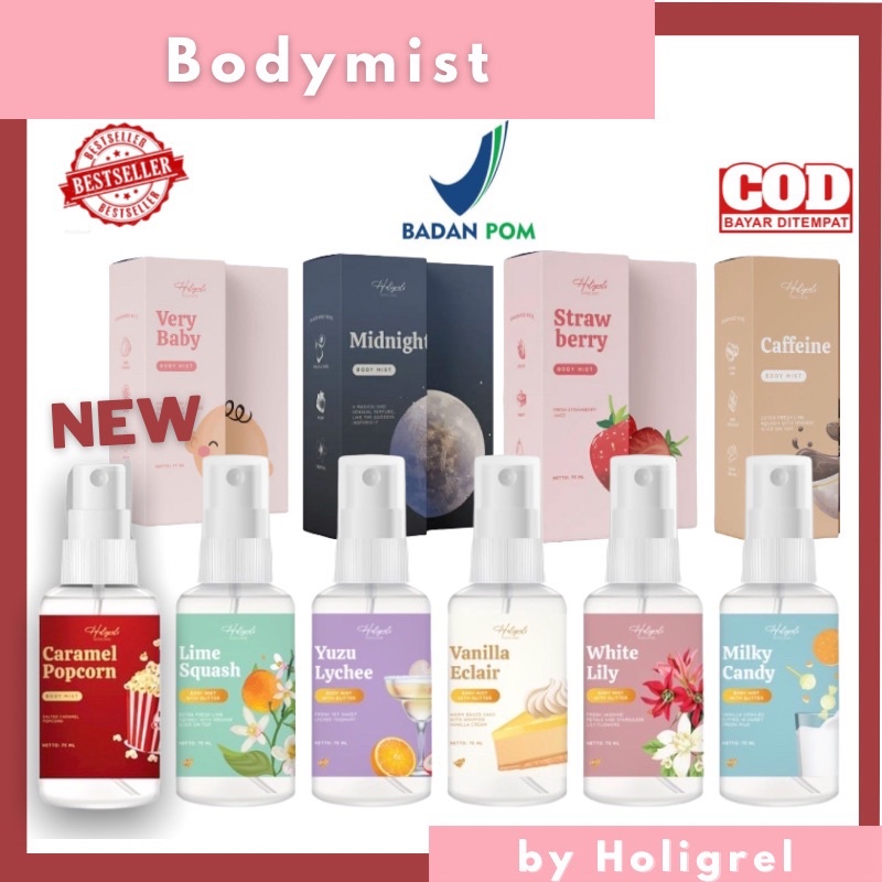 HOLIGRELS BODY MIST PARFUM | SHIMERMIST COLLAGEN DRINK | VANILLA ECLAIR MILK CANDY WHITE LILY YUZU LYCHEE LIME SQUASH HOLIGREL