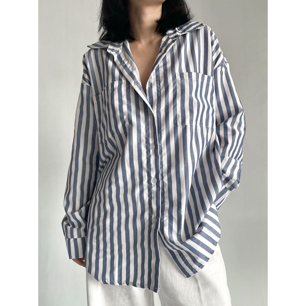 ASOKA Kemeja Stripe Salur - Atasan Wanita Lengan Panjang - Kemeja Katun