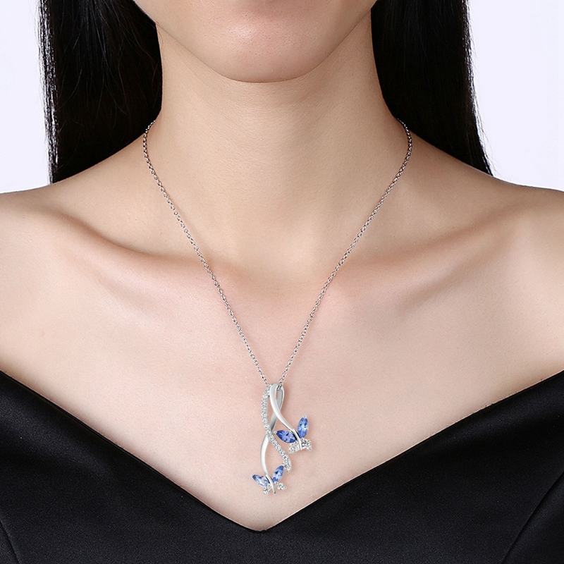 Kalung Rantai Silver 925 Dengan Liontin Batu Permata King Blue Tanzanite Butterfly Ukuran 18 Inci