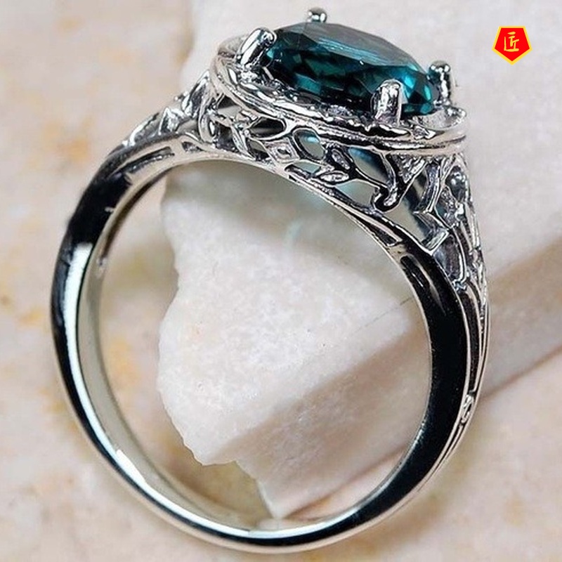 [Ready Stock]Green Topaz Gemstone Ring Retro Elegance