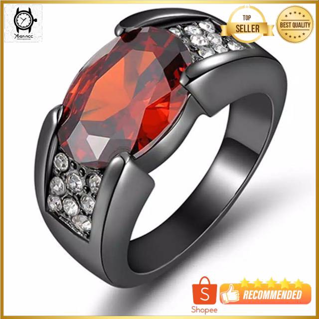 Cincin Pria Batu Akik Rubi Merah Mewah Black Platted Red Cubic Zirconia Simple Minimalis